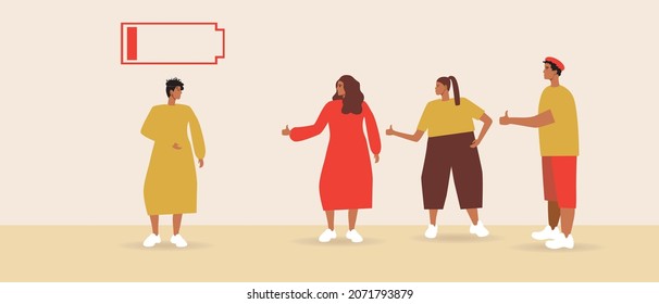 Emotional burnout of a non-binary person, low battery. Flat vector stock illustration. Mental health. Community support. People help. Depression, sad person, or burnout. Vector illustration