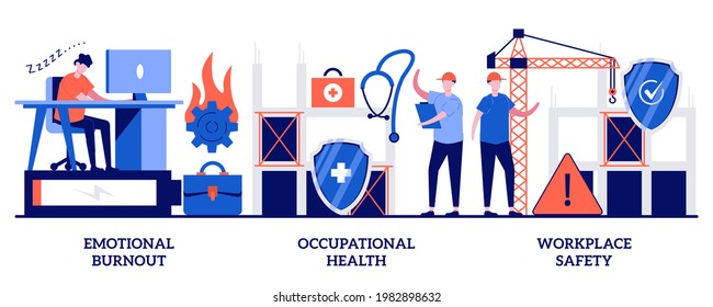 Emotional Burnout, Occupational Health, Workplace Safety Concept With Tiny People. Employee Health Vector Illustration Set. Overload, Injury Prevention, Labor Condition, Working Environment Metaphor.