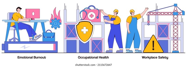 Emotional Burnout, Occupational Health, Workplace Safety Concept With Tiny People. Employee Health Vector Illustration Set. Overload, Injury Prevention, Labor Condition, Working Environment Metaphor.