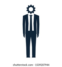 Emotional burnout in the office concept. Businessman, manager with gear instead head. Corporate depressed worker standing alone. Hard worker with cogwheel. Vector illustration