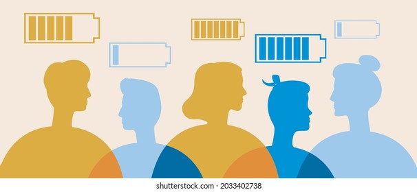 Emotional burnout in people. Flat vector stock illustration. Low battery. Social stress. Society is tired. Emotional and mental health. Fatigue of people. Silhouette illustration