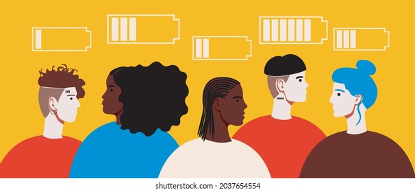 Emotional burnout in people. Flat vector stock illustration. Battery charge as a concept of burnout. Social stress. Emotional and mental health. Fatigue of people. Stock illustration