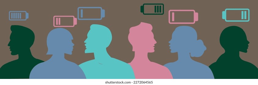 Emotionale Verbrennung bei Menschen. Flache Vektorgrafik. Niedriger Akku. Sozialer Stress. Die Gesellschaft ist müde. Emotionale und psychische Gesundheit. Ermüdung der Menschen. Silhouette-Illustration