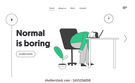 Emotional Burnout, Procrastination Website Landing Page. Tired or Boring Businessman Lying on Laptop at Working Place with Computer in Office Web Page Banner. Cartoon Flat Vector Illustration Linear