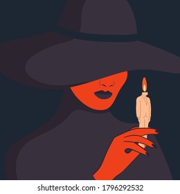 Emotional Burnout In A Relationship Or At Work Concept. Femme Fatale In Black Clothes And A Hat. A Woman Holds A Burning Candle In The Shape Of A Man. Modern Flat Design Vector Illustration.