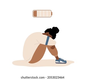 Emotional Burnout. Sad African Teenager With Low Battery Sitting On Floor And Crying. Mental Health Problem. Deadline, Stress And Fatigue Concept. Vector Illustration In Flat Cartoon Style.