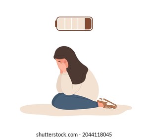 Emotional Burnout. Sad Arab Teenager With Low Battery Sitting On Floor And Crying. Mental Health Problem. Deadline, Stress And Fatigue Concept. Vector Illustration In Flat Cartoon Style.