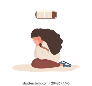 Emotional burnout. Sad teenager with low battery sitting on floor and crying. Mental health problem. Deadline, stress and fatigue concept. Vector illustration in flat cartoon style.