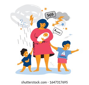 Emotional burnout of a single mom with three crying children. Tired and irritated in a sad state. Concept of postpartum depression. Banner about sress at home. Flat cartoon vector illustration.