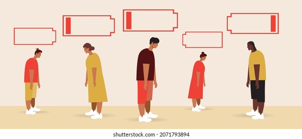 Emotional burnout in society, tired people. Flat vector stock illustration. Mental health, battery of energy. Sad people. Low battery. Depression and burnout. Vector illustration