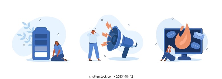 Emotional burnout syndrome illustration set. Characters suffering from stress, fatigue, occupational burnout and other mental disorder. Mental health problems concept. Vector illustration.