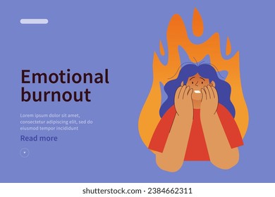 Concepto del sitio web del síndrome de burnout emocional. Mujer en tensión bajo presión, fuego en el fondo. Problemas de trastorno mental. Ilustración plana vectorial moderna