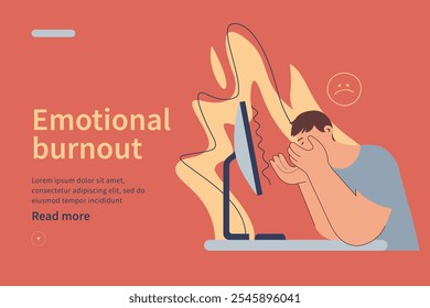 Emotional burnout syndrome website concept. Man in stress under pressure, unhappy emoji, office desk, fire on the background. Frustrated worker, mental disorder. Modern vector flat illustration