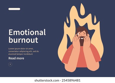 Concepto de Sitio web del síndrome de burnout emocional. Hombre en tensión bajo presión, fuego en el fondo. Problemas de trastorno mental. Ilustración plana de Vector moderno