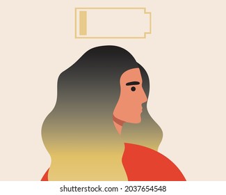 Emotional burnout in a woman. Flat vector stock illustration. Battery charge. Stress concept. Feelings and emotions. Mental health. The woman is depressed. Vector graphics