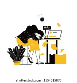 Mujer emocional sentada en su lugar de trabajo con computadora en el cargo y sostiene el cartel Ayuda, mujer de negocios cansada con batería baja, concepto de agotamiento emocional.Trabajo duro.Ilustración vectorial