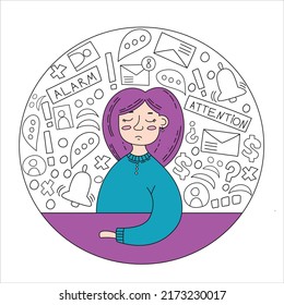 Emotional Burnout Woman Under Anxiety Pressure Social Demands And Work Life Balance Problems Doodle Vector Illustration