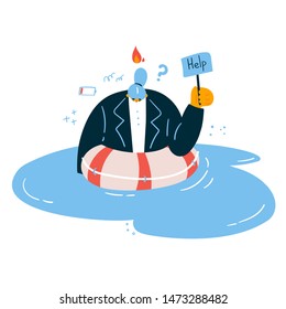 Mujer emocional en el agua con un letrero Ayuda, vestida con una boya salvavidas.Cansado y exasperado trabajador de oficina desesperado con fuego sobre su cabeza.Estrés en el trabajo.Concepto de apagón.Ilustración vectorial