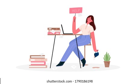 Emotional Burnout Woman,tired Of The Huge Amount Of Work, Sitting At Her Working Place With Laptop In Office And Holds The Sign Help. Deadline,stress, Depression At Work.Hard Work.Vector Illustration.