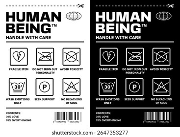 Emotional care label design in the style of a clothing tag with washing icons and kind messages about treating people gently. Suitable for t shirt prints, posters and streetwear. Vector graphics.