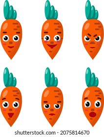 Emotional carrot. A cute character with six emotions. Learning emotional intelligence for children. Vector design for clothes, nursery, websites and other