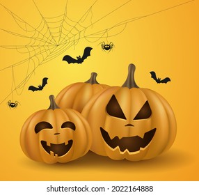 Emotional cartoon 3d pumpkins for the holiday Halloween. Festive cover. Trick or treat. Cobweb with spider and bats. Vector illustration. EPS 10