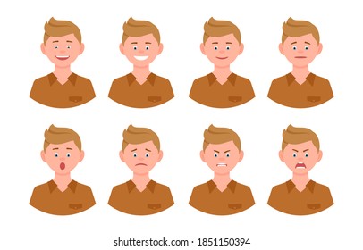 Emotional cartoon character faces. Blonde office man in front view, vector illustration set. Happy, smiling, upset, surprised, sad, angry, shouting person flat style kit