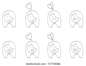 Emotional cartoon girl showing happiness and sadness