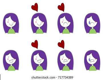 Emotional cartoon girl showing happiness and sadness