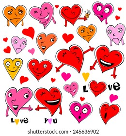 Emotional cartoon hearts illustration isolated on white, expressing different emotions.