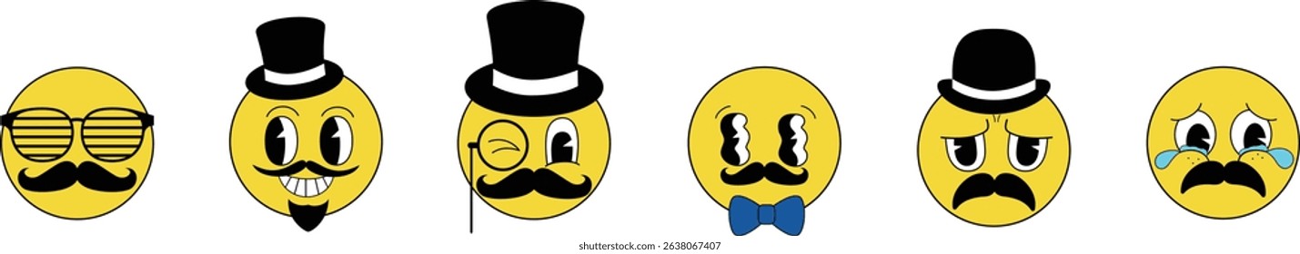 Emotional cartoon smile faces with mustaches and expressions : Set of six yellow emoji-style faces with various emotional expressions and accessories like hats, glasses, and bow ties