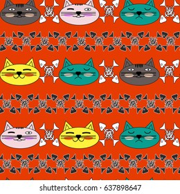 Emotional cat face with bright cheeks and black and white fish skeletons. Seamless pattern. Vector