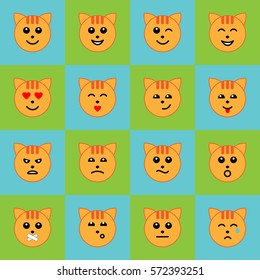 Emotional cat face icons on green and blue chess board. Animal pattern.