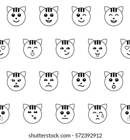 Emotional Cat Face Outline Seamless Pattern Isolated On White Background. Animal Textile Print, Sticker Wallpaper, Coloring Page.