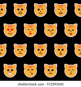 Emotional cat face seamless pattern isolated on black background. Animal textile print, sticker wallpaper.