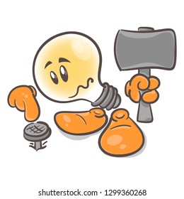 Emotional character cartoon lightbulb. Hammer in nails. On white background