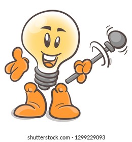 Emotional character cartoon lightbulb. With the rods. On white background