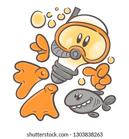 Emotional character cartoon lightbulb. Scientist on sea creatures. Ichthyologist. On white background. Vector