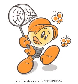 Emotional character cartoon lightbulb. Scientist on the butterfly. Lepidopterist. On white background. Vector