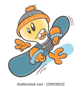 Emotional character cartoon lightbulb.Winter games. Snowboard. On white background. 