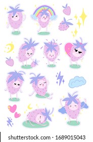 Emotional characters of strawberries. Emoji sticker collection. Cute cartoon badges with cut lines. Fruit emotional indicators isolated on white. Vector illustration for web design, animation etc.