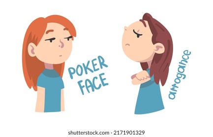 Emotional children set. Arrogant girl turned up her nose, girl with poker face cartoon vector illustration