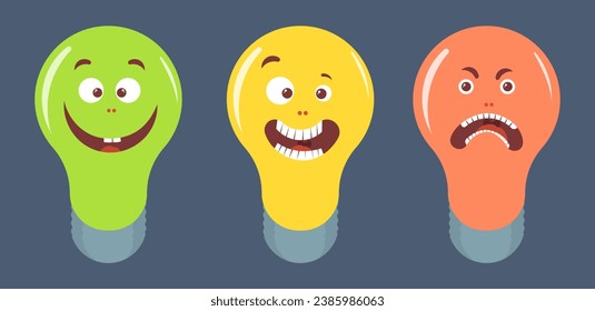 Emotional colored light bulbs: anger, surprise and joy. Set of red, yellow and green light bulbs with different facial expressions. Vector flat illustration.