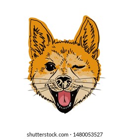 The emotional coloring head of a dog vector. A cheerful muzzle of a fox-like dog. Posters with dogs shiba inu.  Japanese breed of dog.