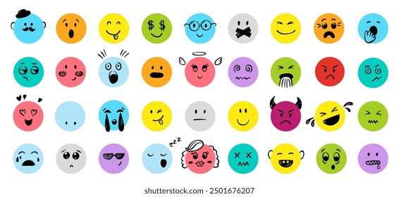 Emotional comic faces. Cartoon doodle characters with different emotions. Smile happy surprise aggressive in love moods. Funny neoteric vector set