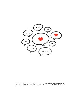 Burbujas de comunicación emocional. Ilustración de línea limpia de burbujas de discurso con corazones que simbolizan amor, empatía y conexión emocional en la comunicación.