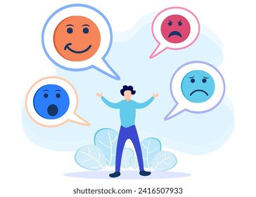 Emotional concept flat vector illustration. Psychological feelings and variations in mental thought patterns from sad to happy. The ability to influence and express expression.