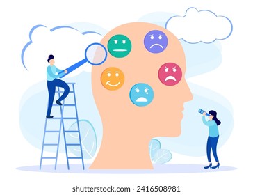 Emotional concept flat vector illustration. Psychological feelings and variations in mental thought patterns from sad to happy. The ability to influence and express expression.