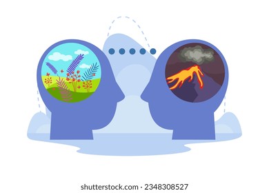 Emotional connection between people vector illustration. Flower field and volcano eruption inside two heads, friends understanding each other despite differences. Empathy, communication concept