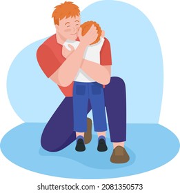 Emotional connection with toddler 2D vector isolated illustration. Father hugging little boy flat characters on cartoon background. Spending time with kid. Dad-son bonding colourful scene